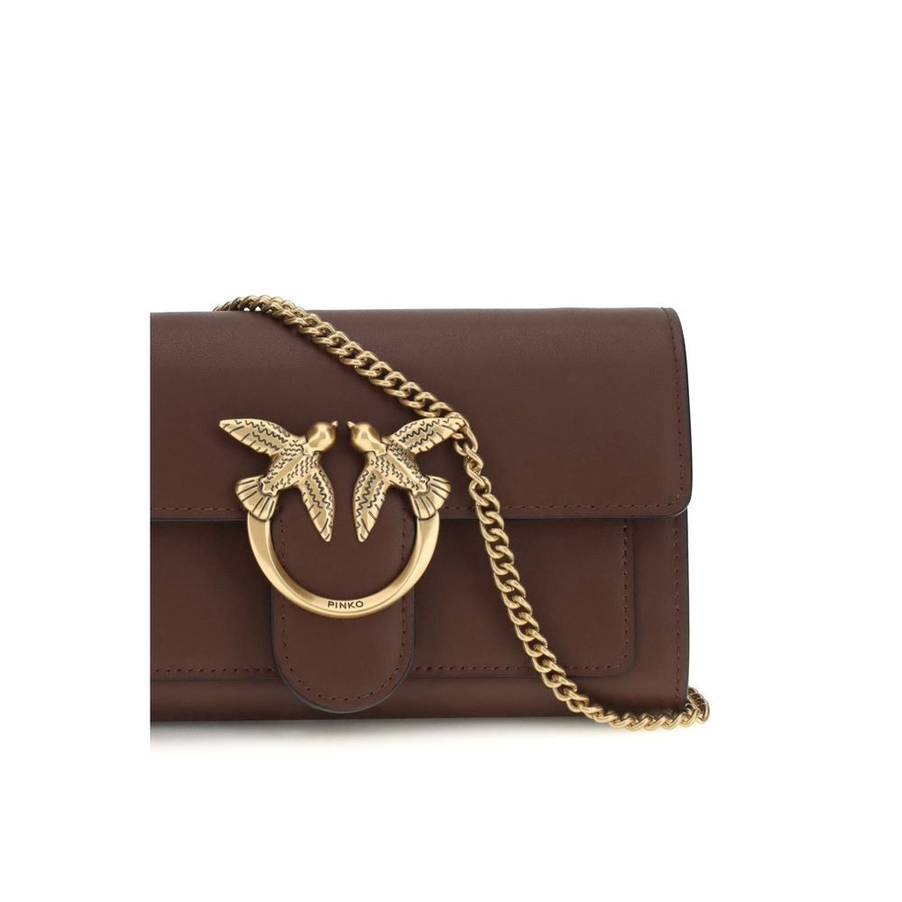 Pinko Love One Wallet on Chain Brown Calf Leather Love Birds