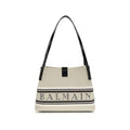 Balmain Logo Shoulder Tote Bag Beige Canvas