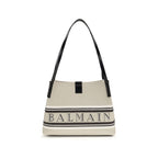 Balmain Logo Shoulder Tote Bag Beige Canvas