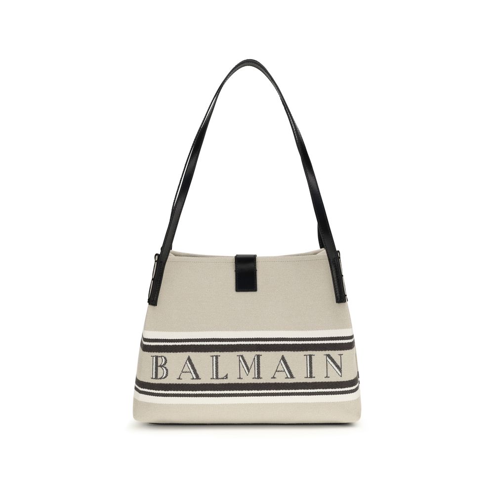 Balmain Logo Shoulder Tote Bag Beige Canvas