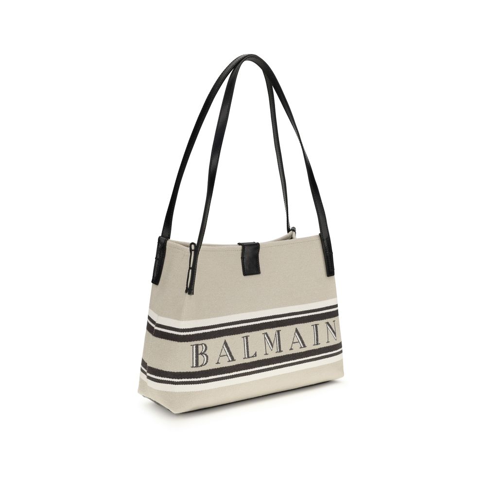 Balmain Logo Shoulder Tote Bag Beige Canvas