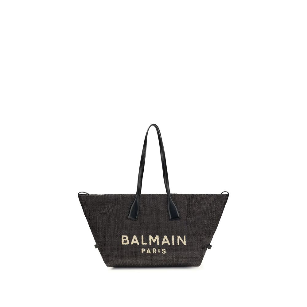 Balmain Track Raffia Shoulder Tote Bag Black