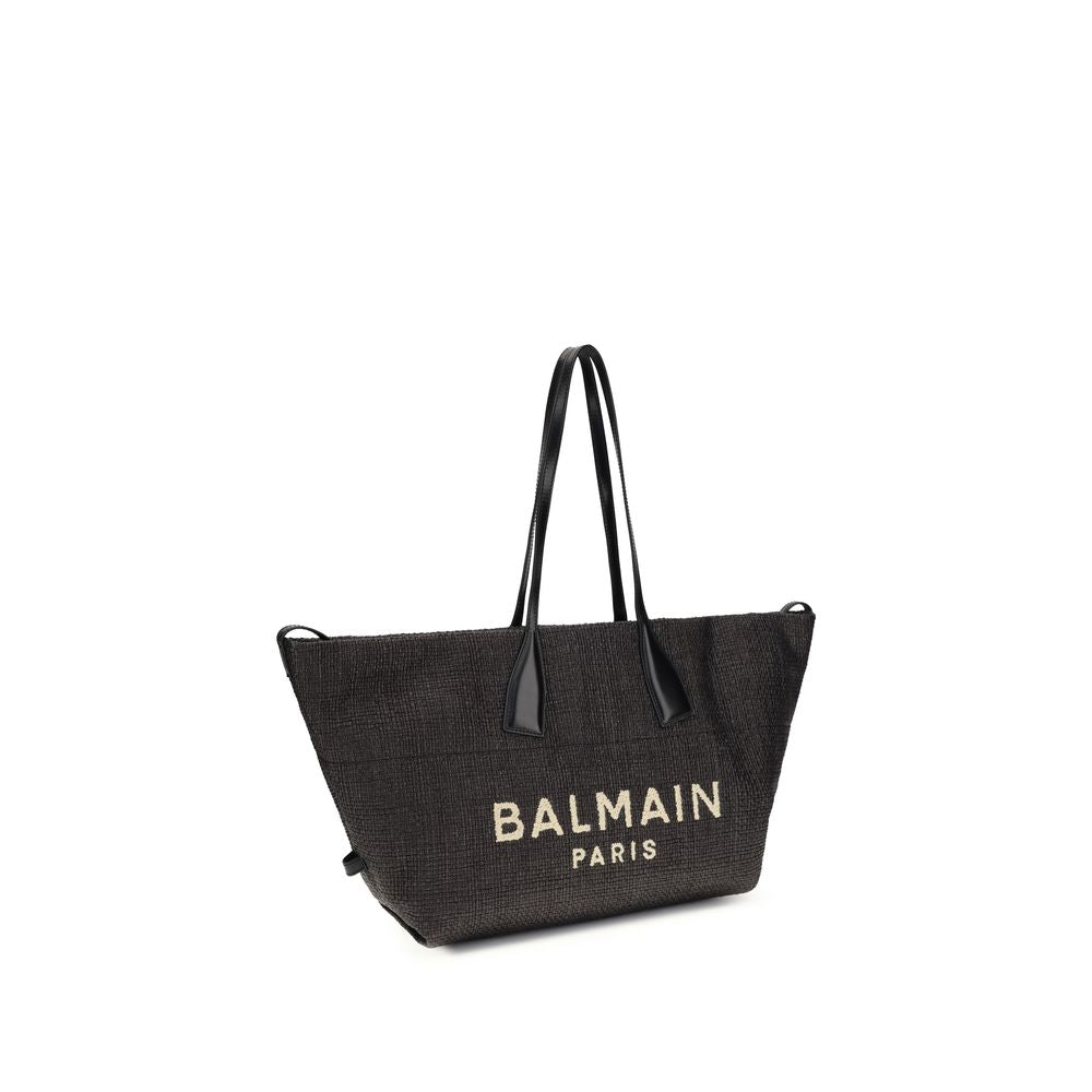Balmain Track Raffia Shoulder Tote Bag Black