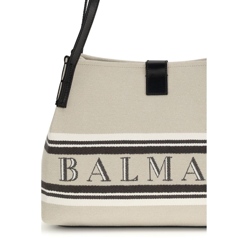 Balmain Logo Shoulder Tote Bag Beige Canvas