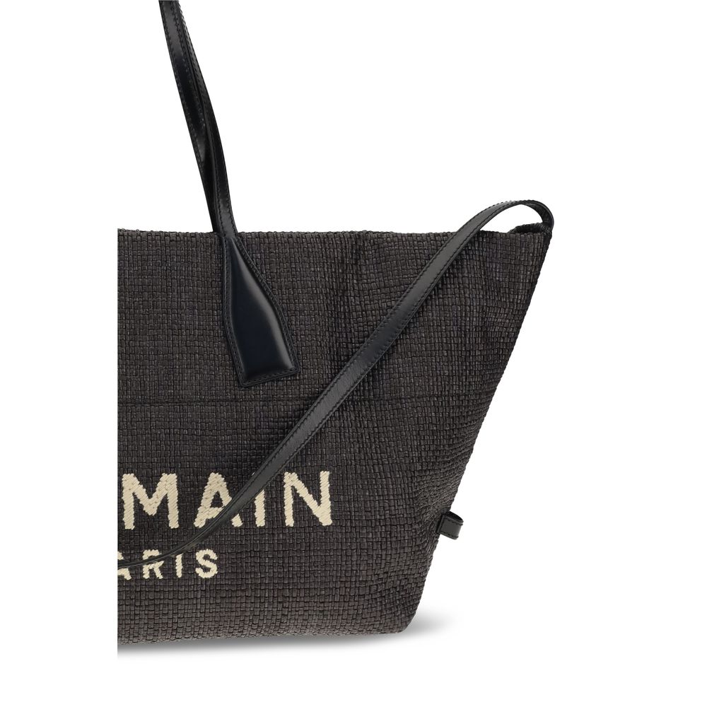 Balmain Track Raffia Shoulder Tote Bag Black
