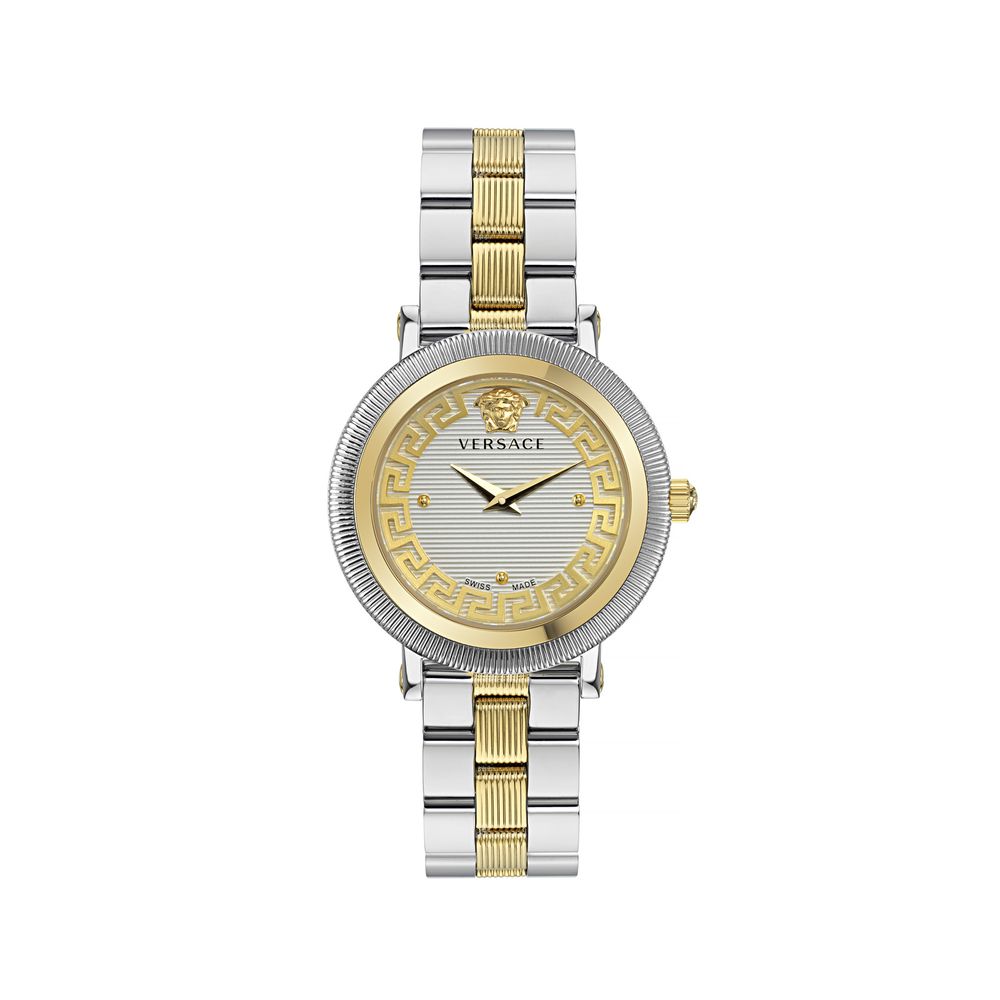 Versace Greca Flourish Two Tone Stainless Steel Swiss Made Watch 35mm Grey Dial Sapphire Crystal