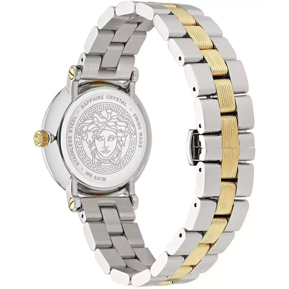 Versace Greca Flourish Two Tone Stainless Steel Swiss Made Watch 35mm Grey Dial Sapphire Crystal