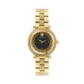 Versace Greca Flourish Gold Tone Stainless Steel Swiss Made Watch 35mm Black Dial Sapphire Crystal