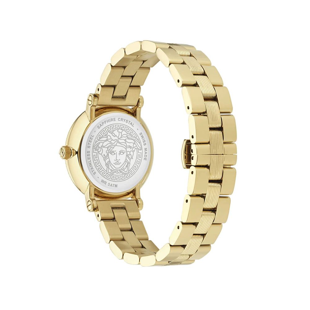 Versace Greca Flourish Gold Tone Stainless Steel Swiss Made Watch 35mm Black Dial Sapphire Crystal