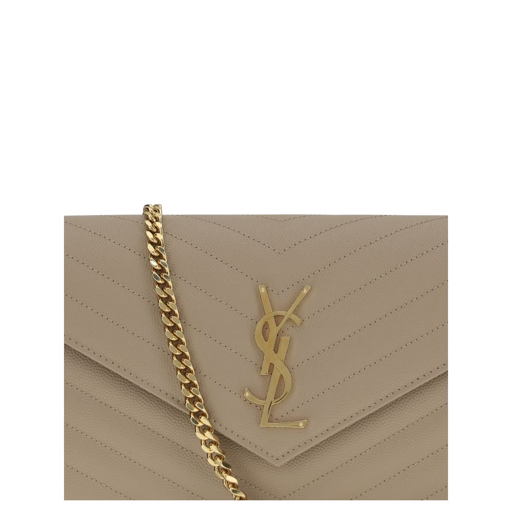 Saint Laurent Monogram Chain Wallet Beige Matelassé Leather YSL Logo