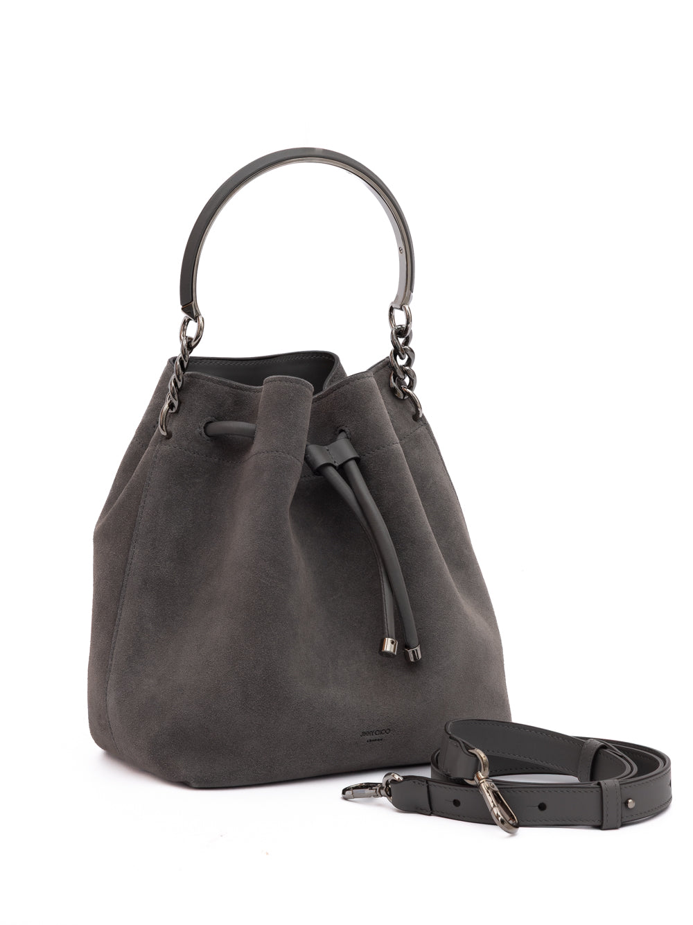 Jimmy Choo Bon Bon Bucket Bag Dark Grey Suede Leather