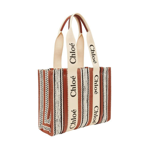Chloé Large Woody Tote Bag Striped Linen