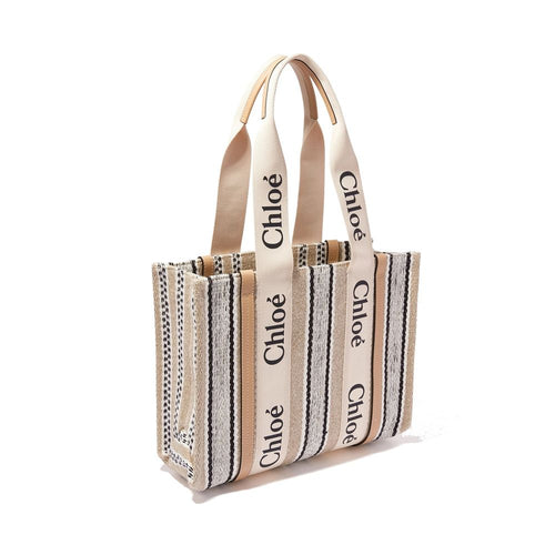 Chloé Large Woody Tote Bag Striped Linen