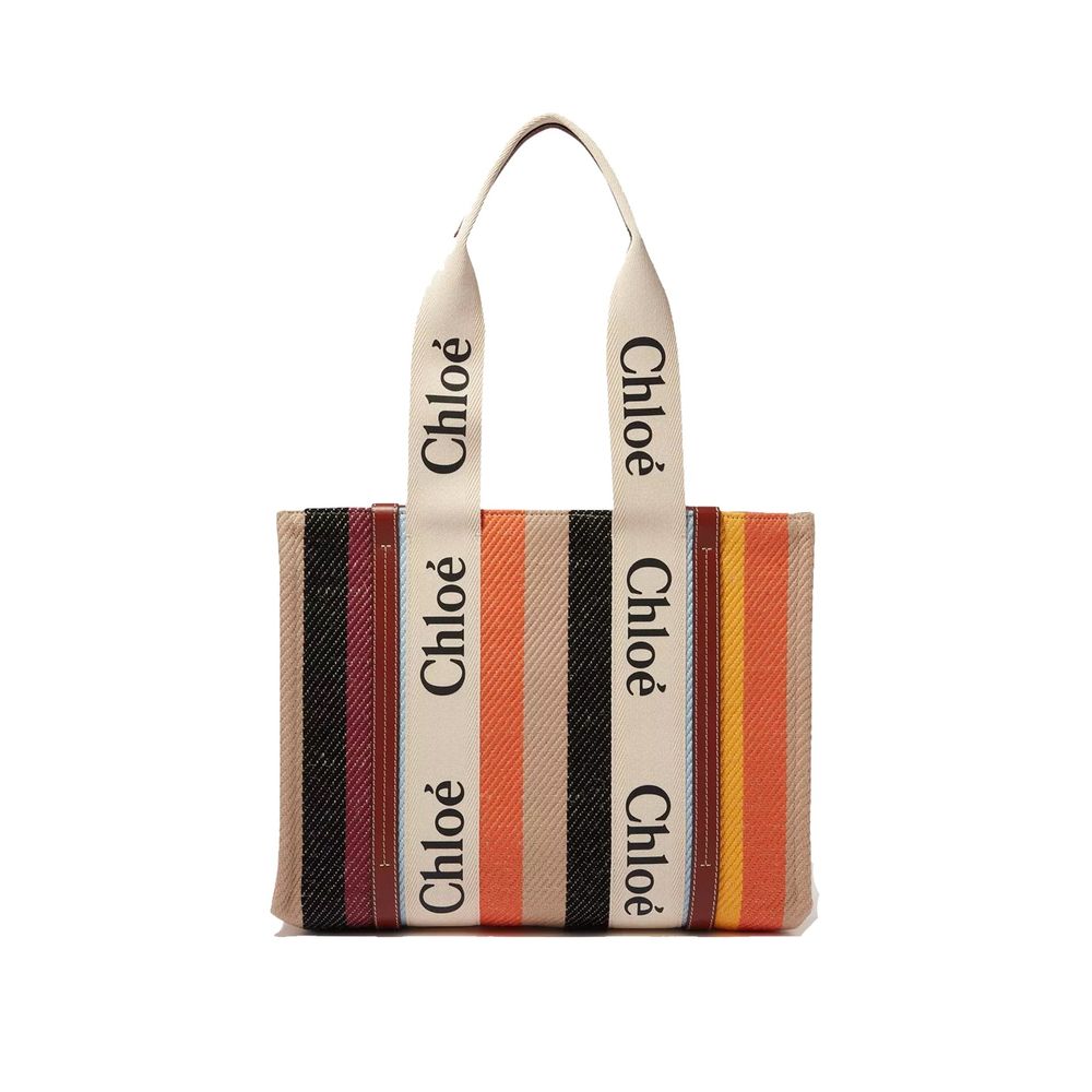 Chloé Large Woody Tote Bag Striped Linen