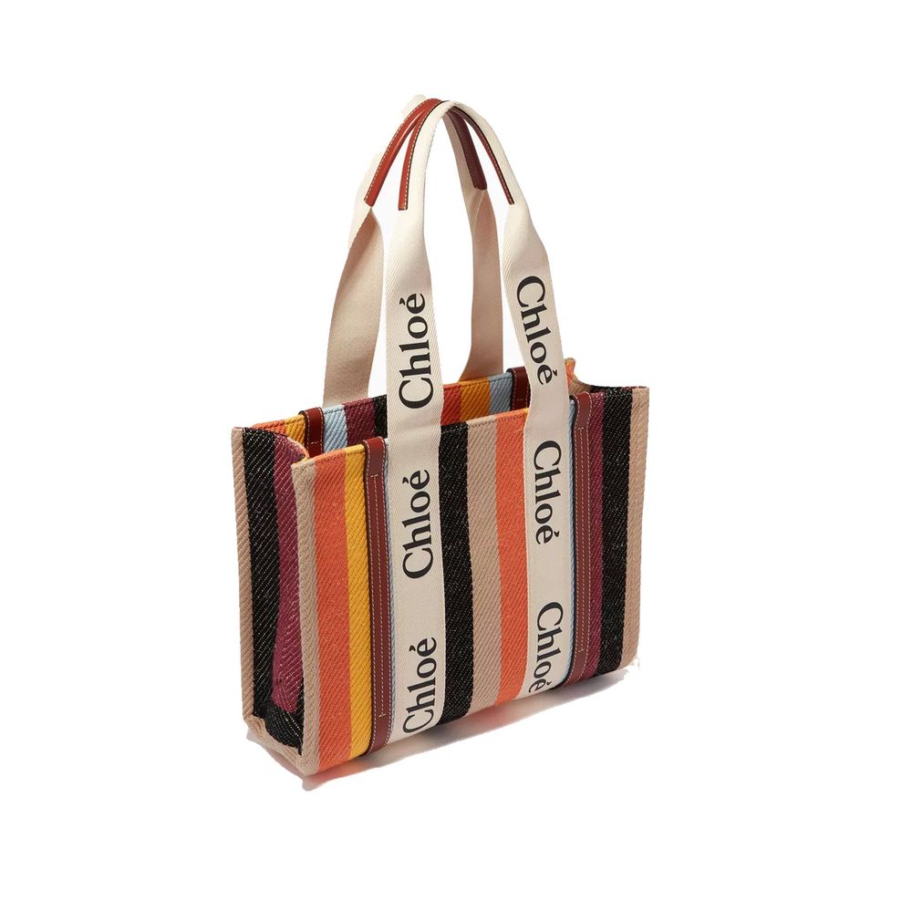 Chloé Large Woody Tote Bag Striped Linen