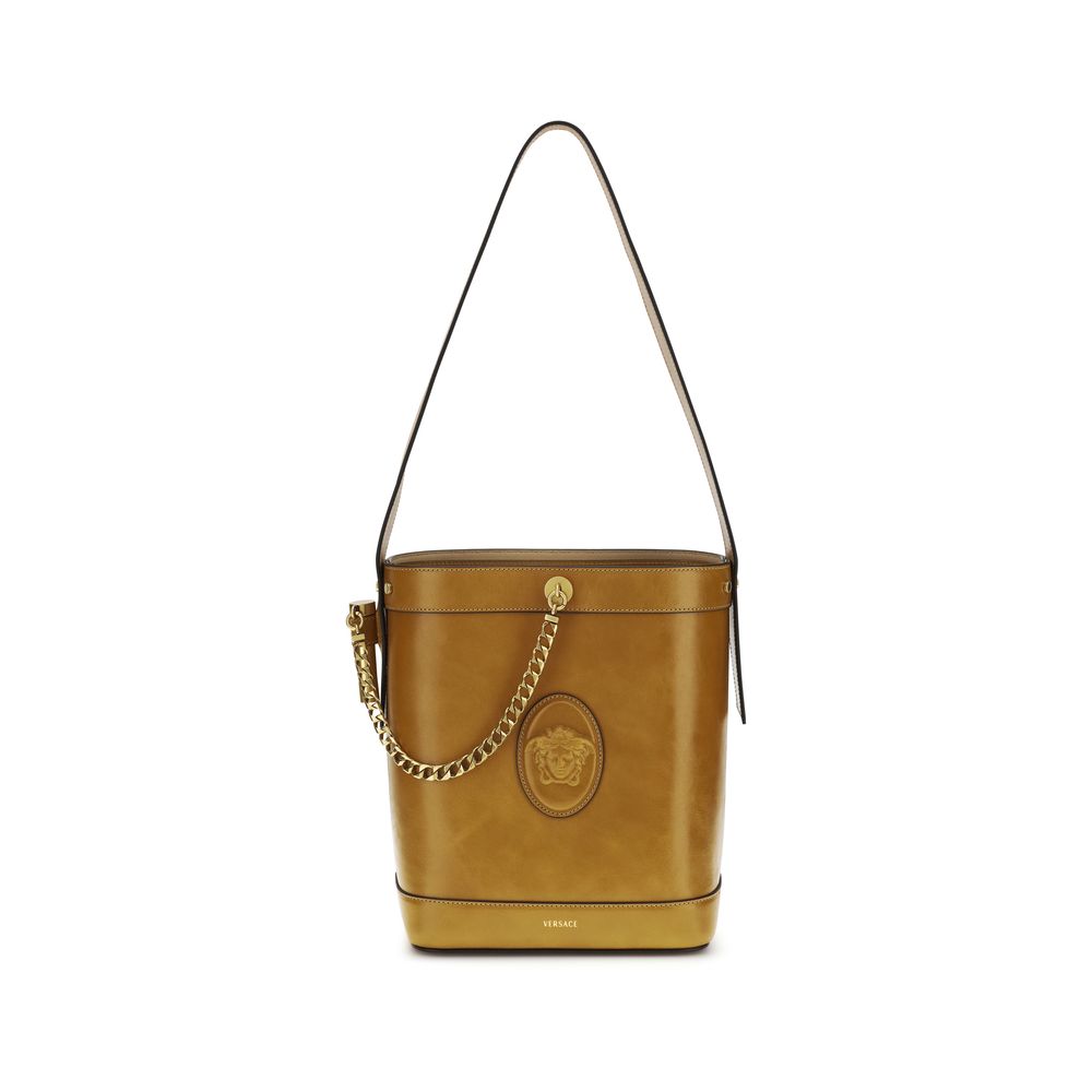Versace Small Pivot Leather Bucket Bag Gold