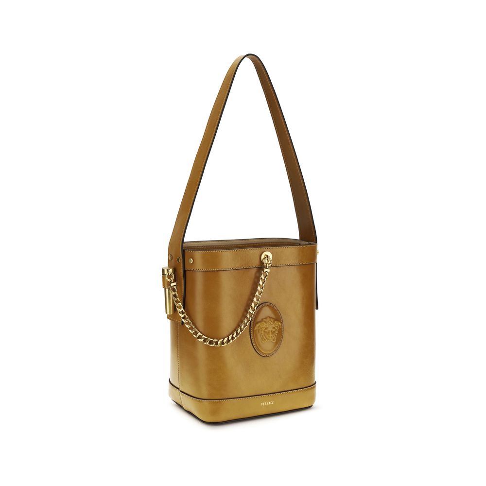Versace Small Pivot Leather Bucket Bag Gold