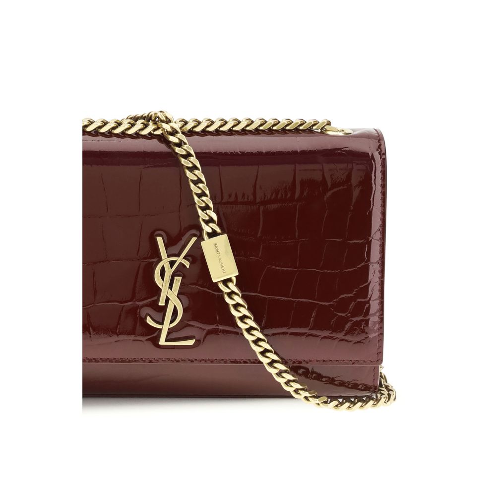 Saint Laurent Kate Small Shoulder Bag Burgundy Croc-Embossed Patent Leather YSL Logo