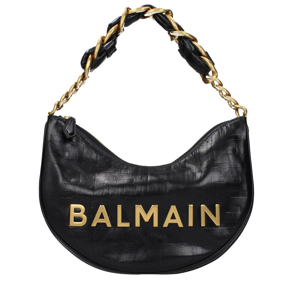 Balmain Logo Hobo Shoulder Bag Black Leather
