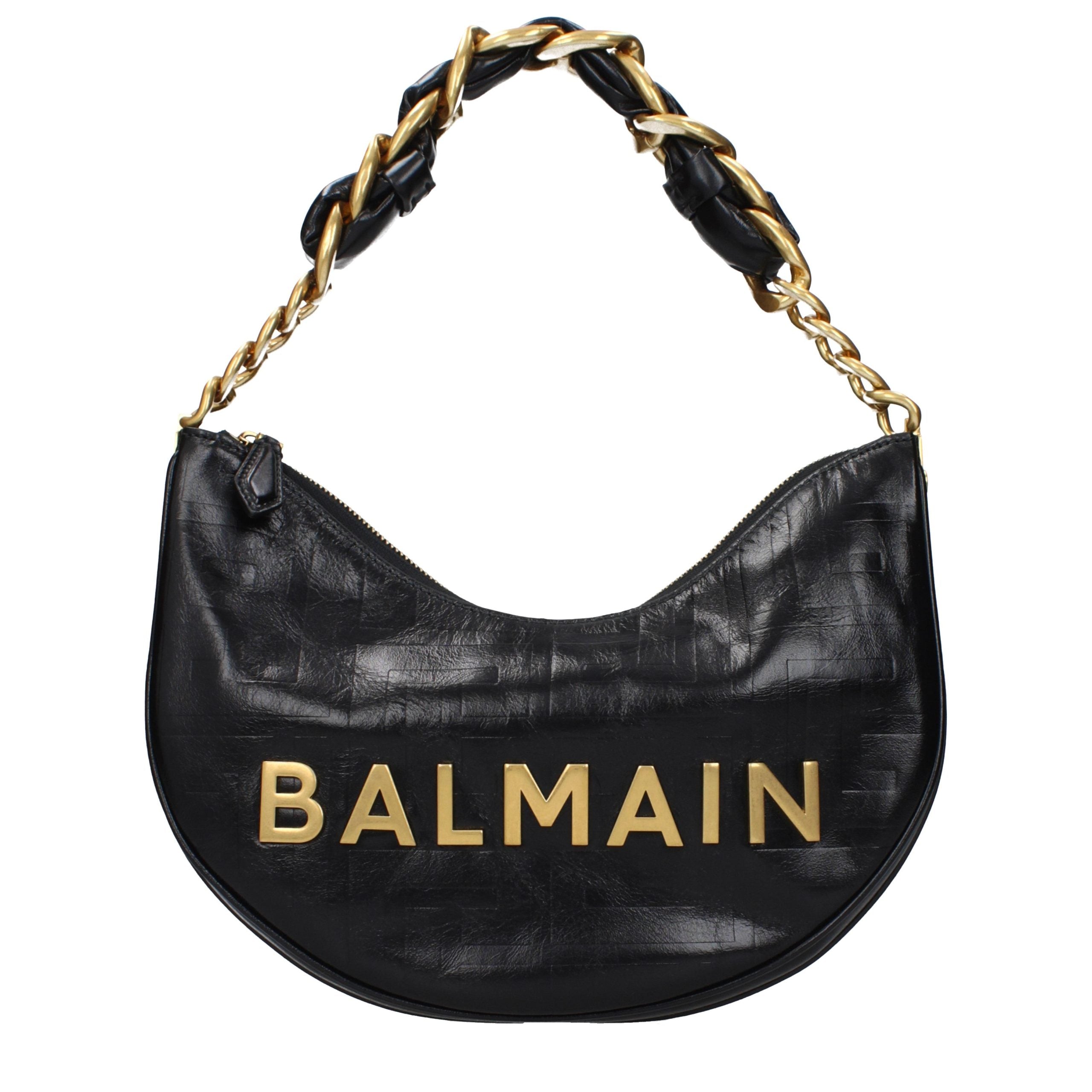 Balmain Logo Hobo Shoulder Bag Black Leather