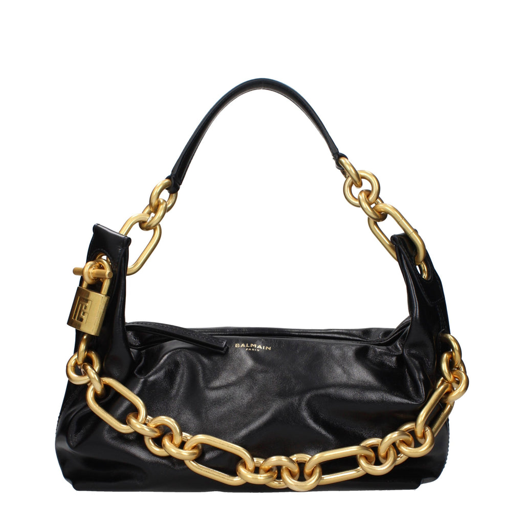 Balmain Chain Handle Leather Shoulder Bag Black