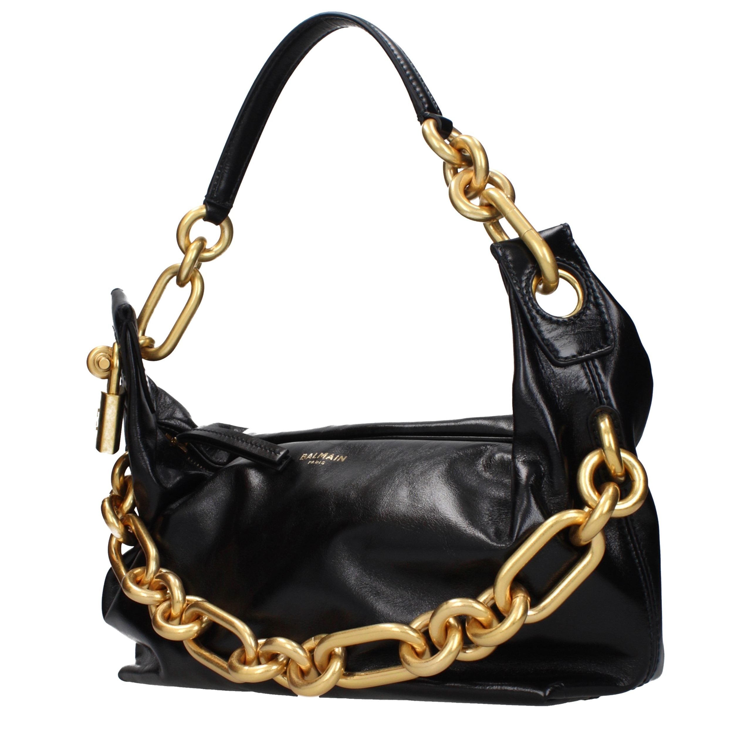 Balmain Chain Handle Leather Shoulder Bag Black