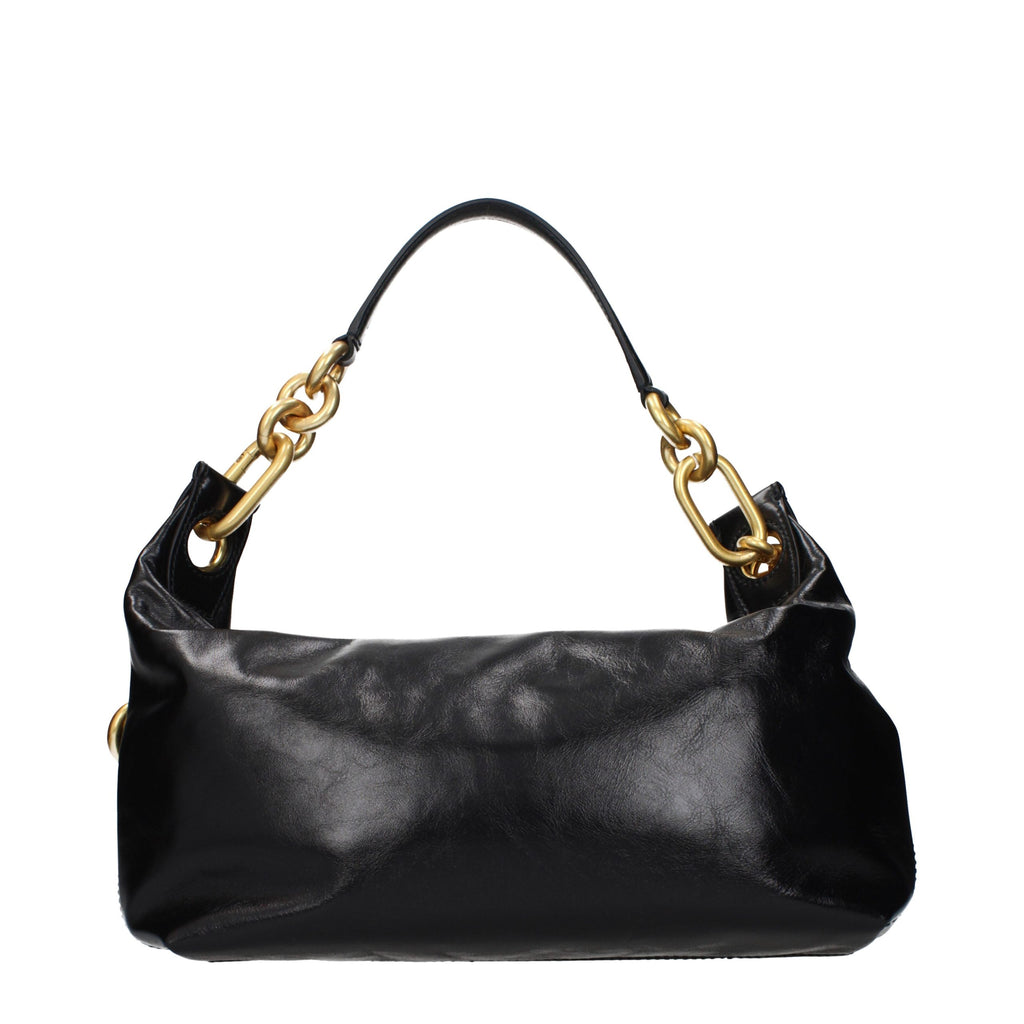 Balmain Chain Handle Leather Shoulder Bag Black
