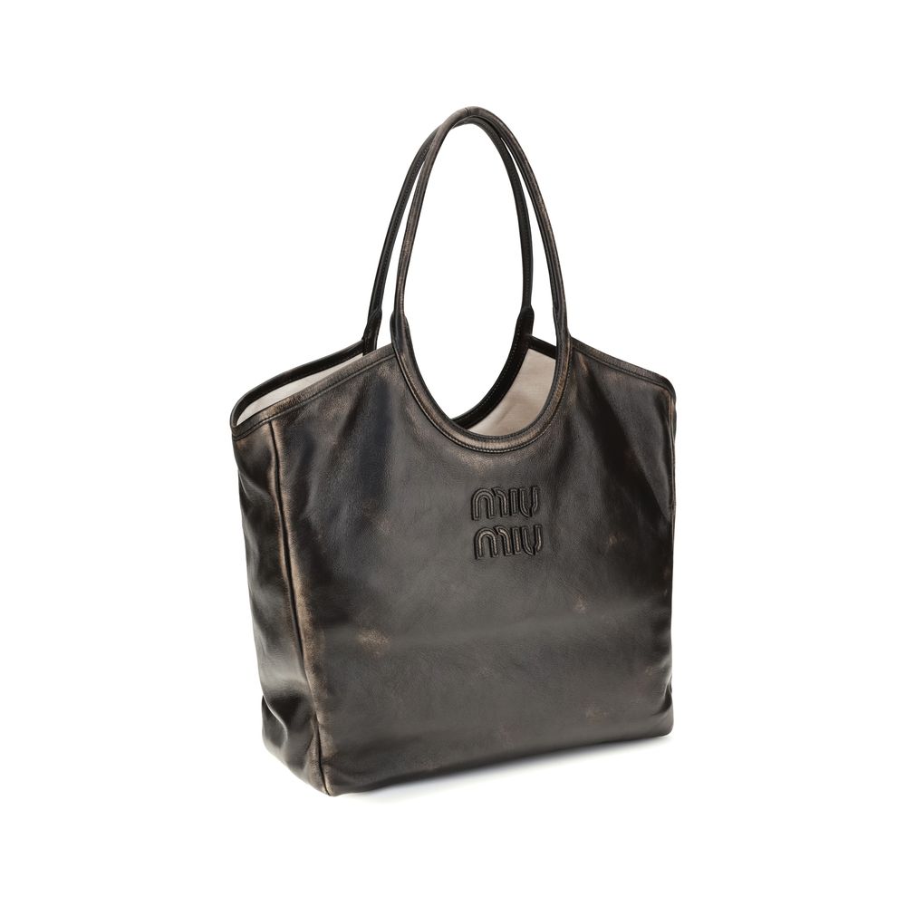 Miu Miu Ivy Distressed Leather Tote Bag Brown