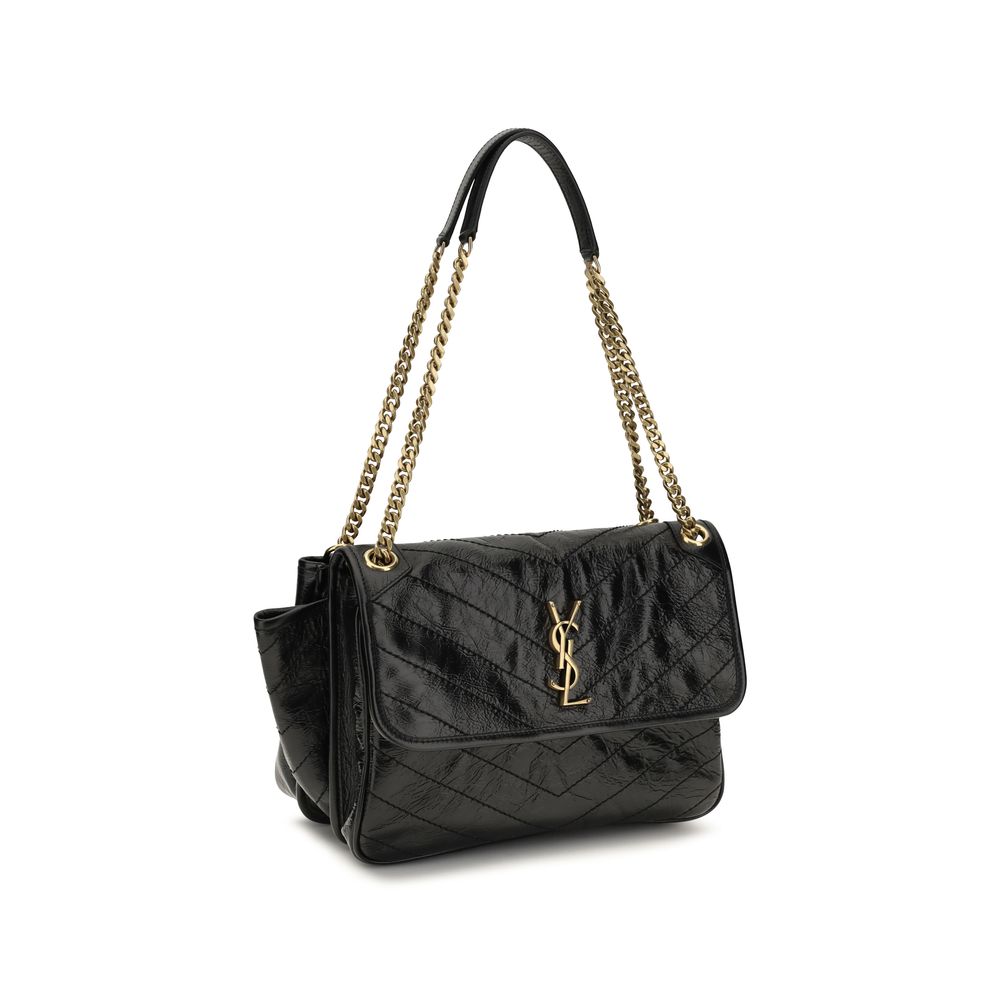 Saint Laurent Niki Medium Shoulder Bag Crinkled Quilted Leather Black