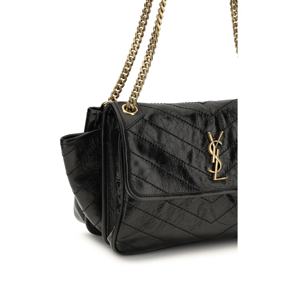 Saint Laurent Niki Medium Shoulder Bag Crinkled Quilted Leather Black