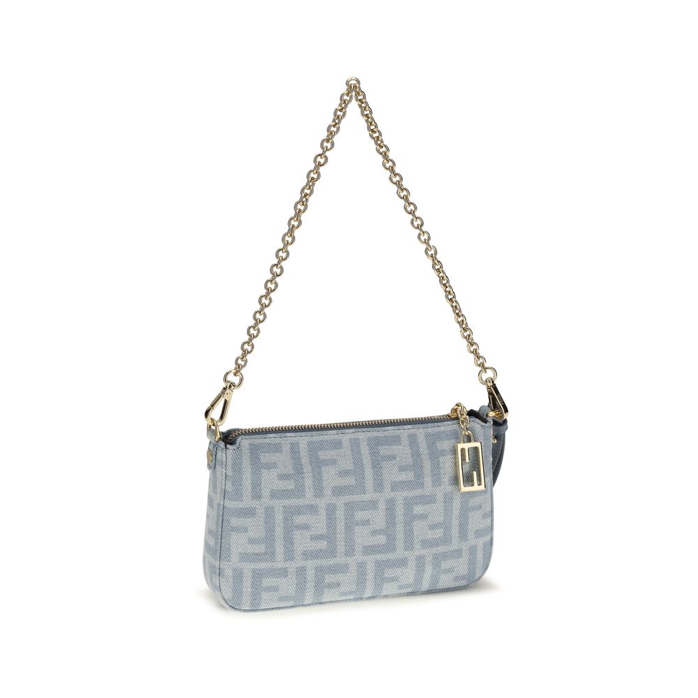 Fendi FF Denim Baguette Chain Clutch in Light Blue