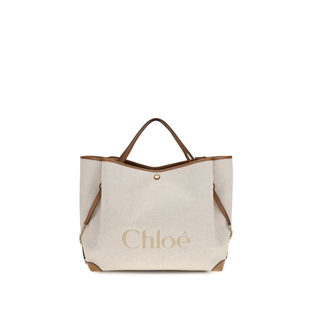 Chloé Large Carry Logo Canvas Tote Bag in Beige