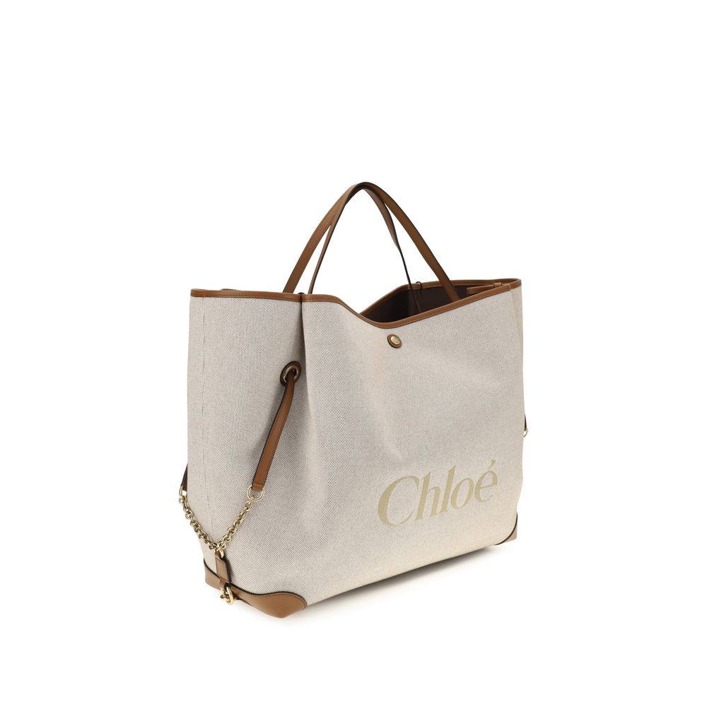 Chloé Large Carry Logo Canvas Tote Bag in Beige