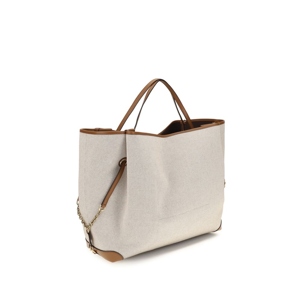 Chloé Large Carry Logo Canvas Tote Bag in Beige