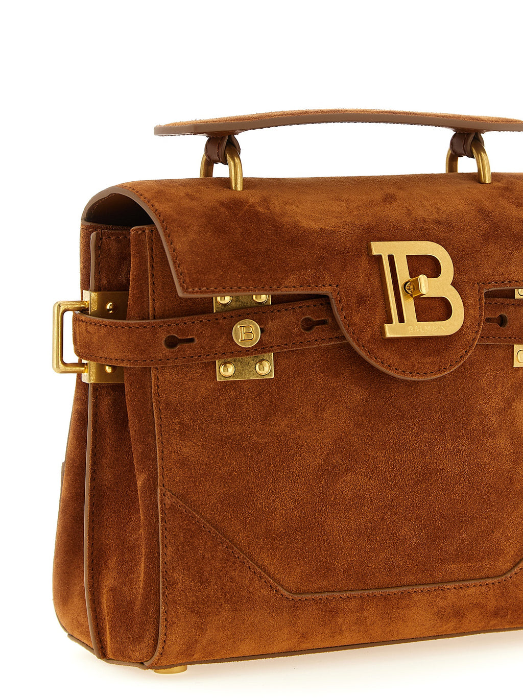 Balmain B-Buzz 23 Small Suede Leather Top Handle Bag Brown