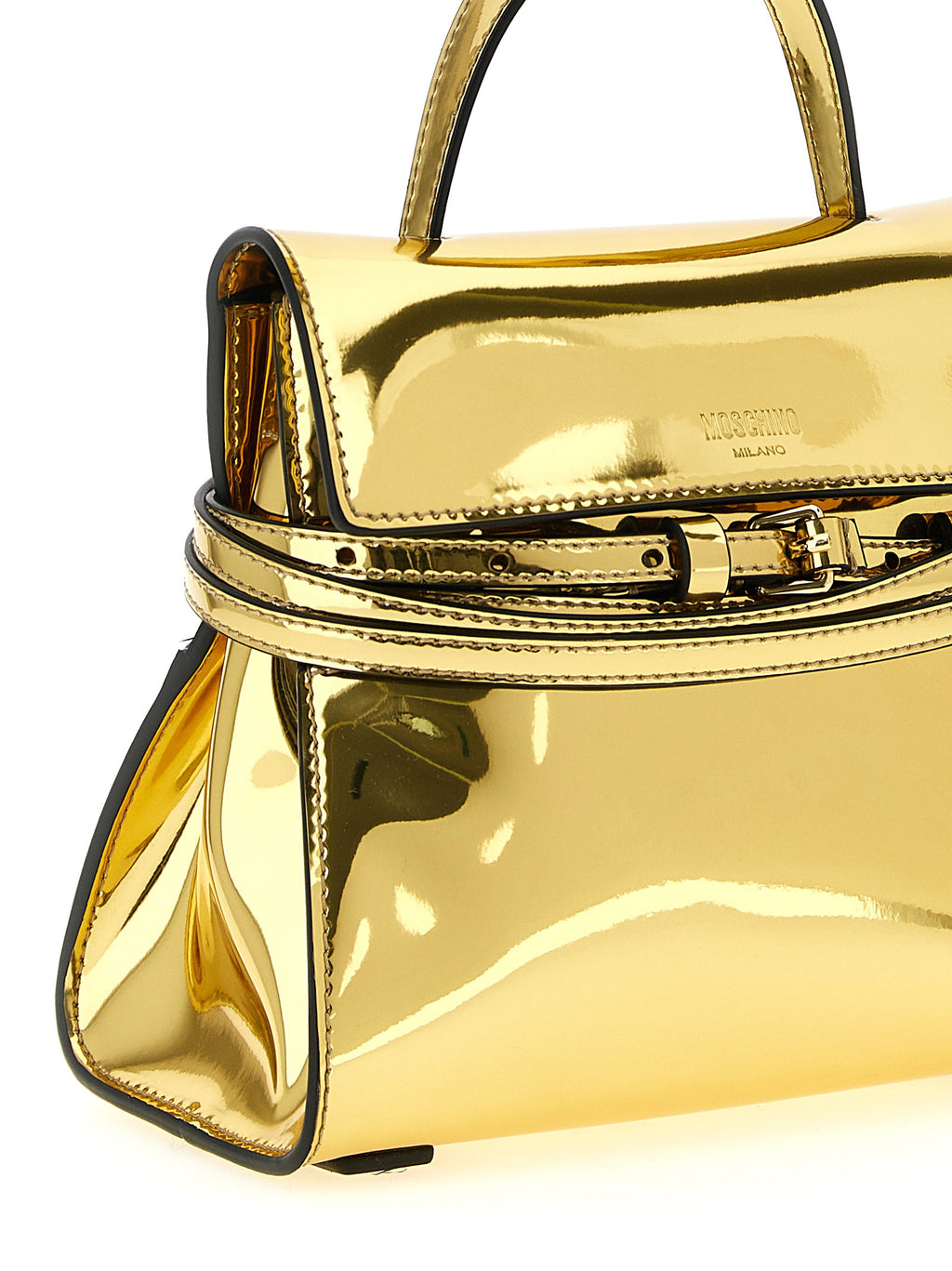 Moschino Tie Me Small Gold Mirror Effect Handbag