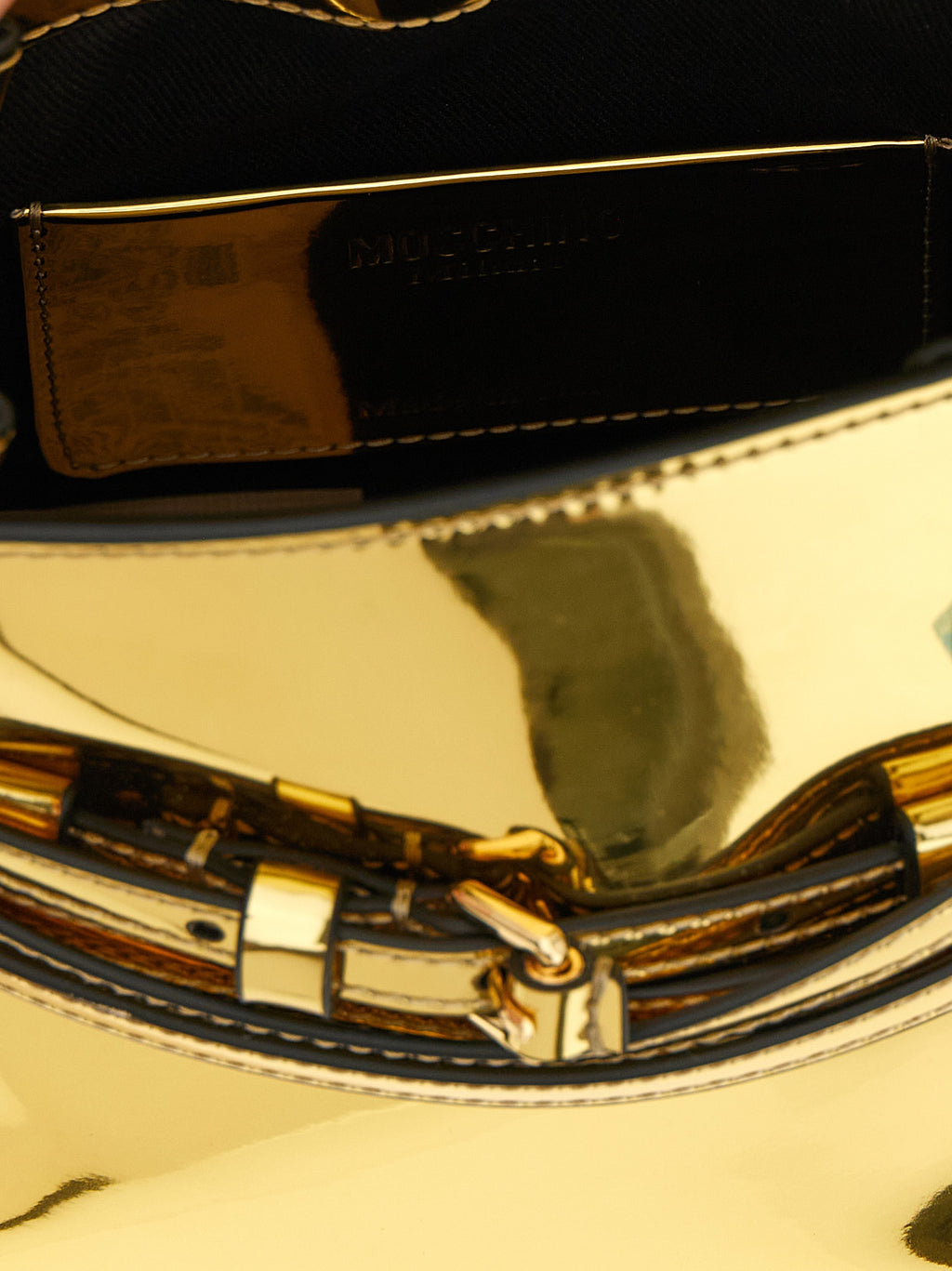 Moschino Tie Me Small Gold Mirror Effect Handbag