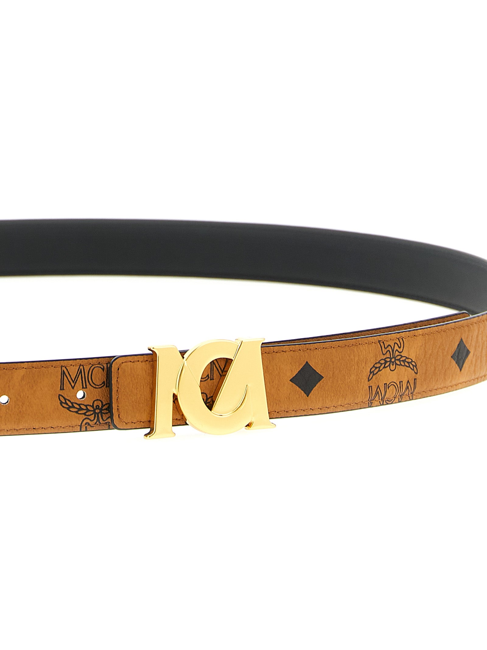 MCM Monogram Buckle Coated Canvas Belt Cognac Brown