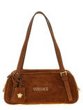 Versace Tag Suede Shoulder Bag Cognac