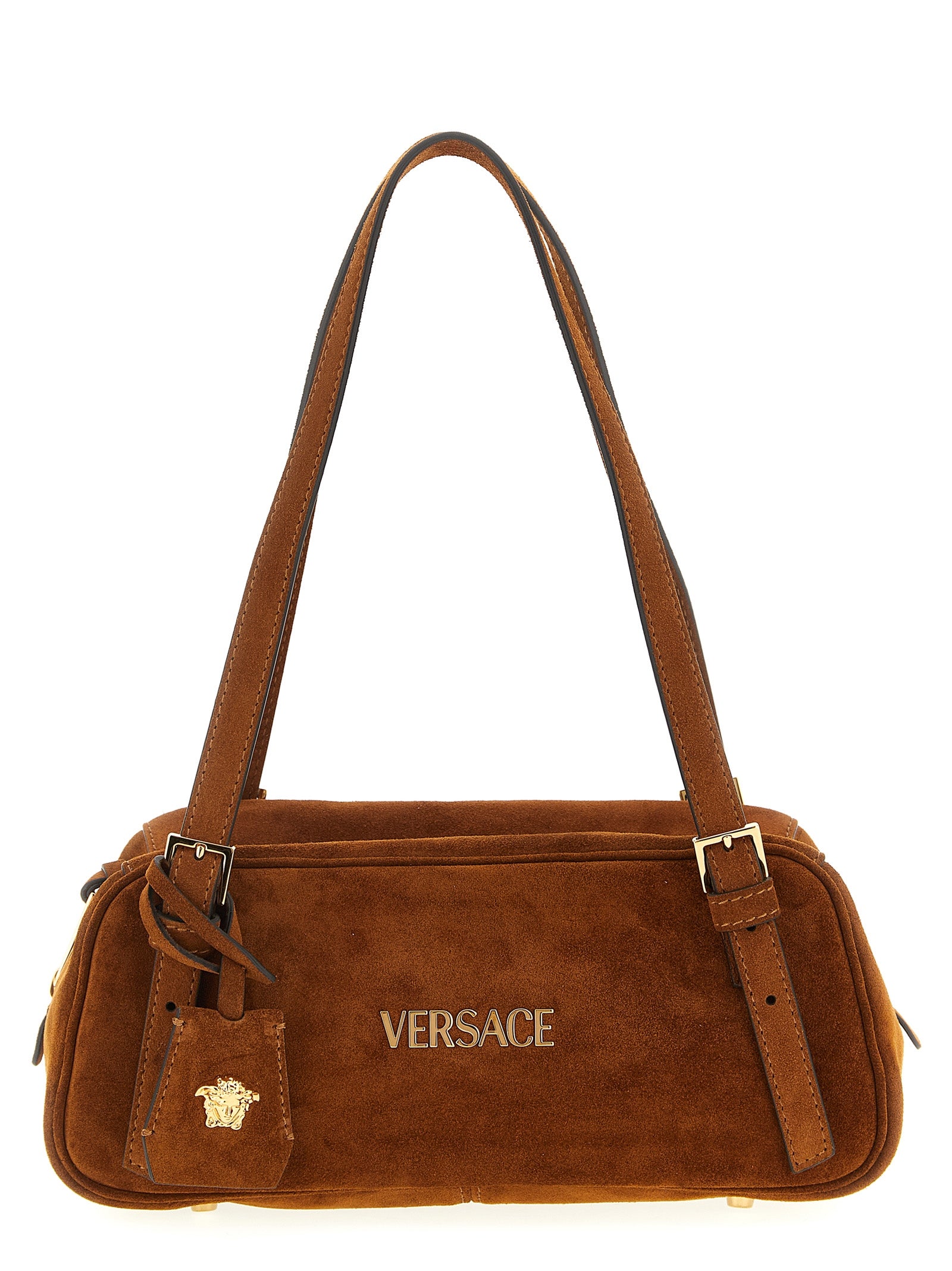 Versace Tag Suede Shoulder Bag Cognac