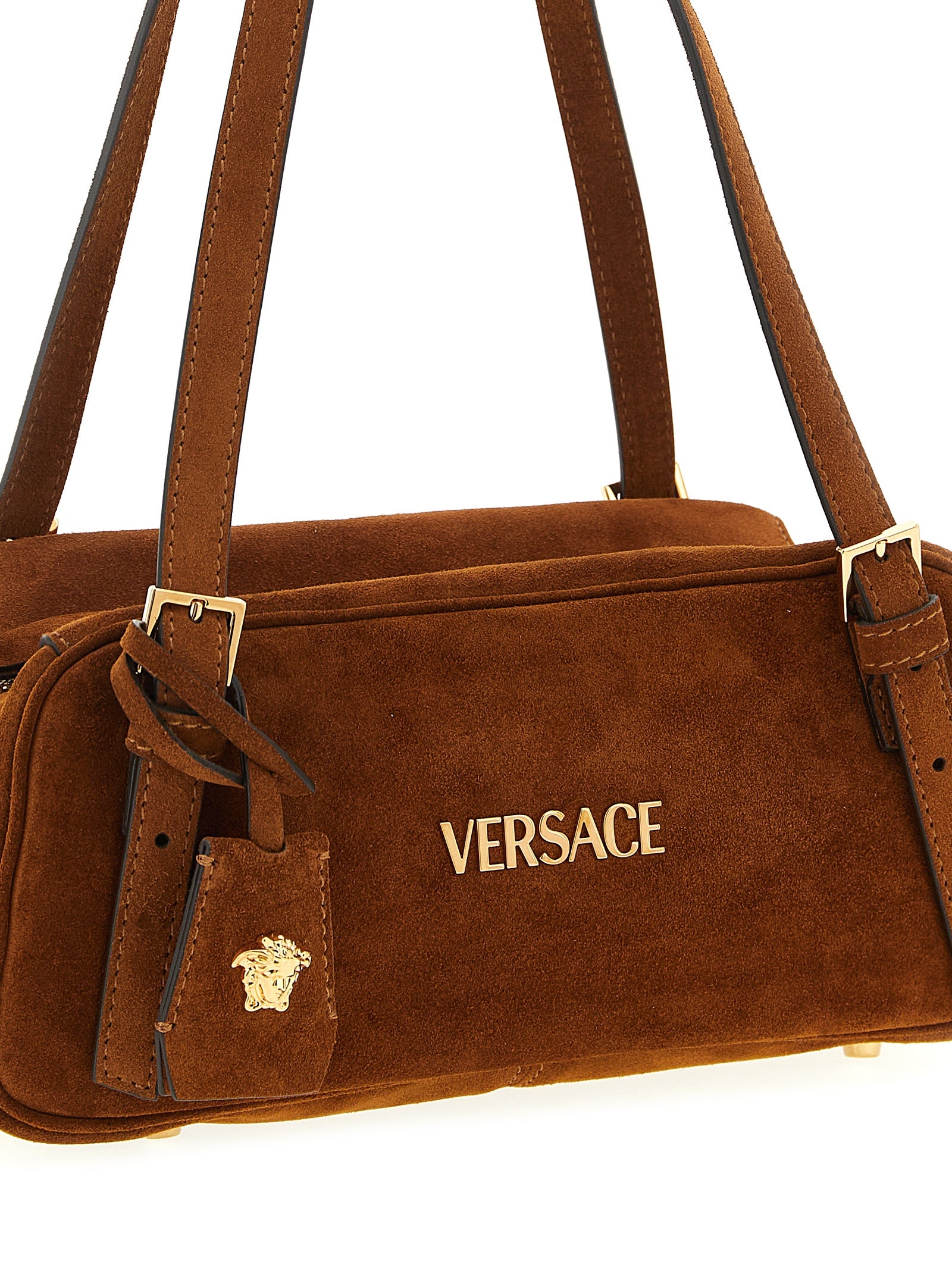 Versace Tag Suede Shoulder Bag Cognac