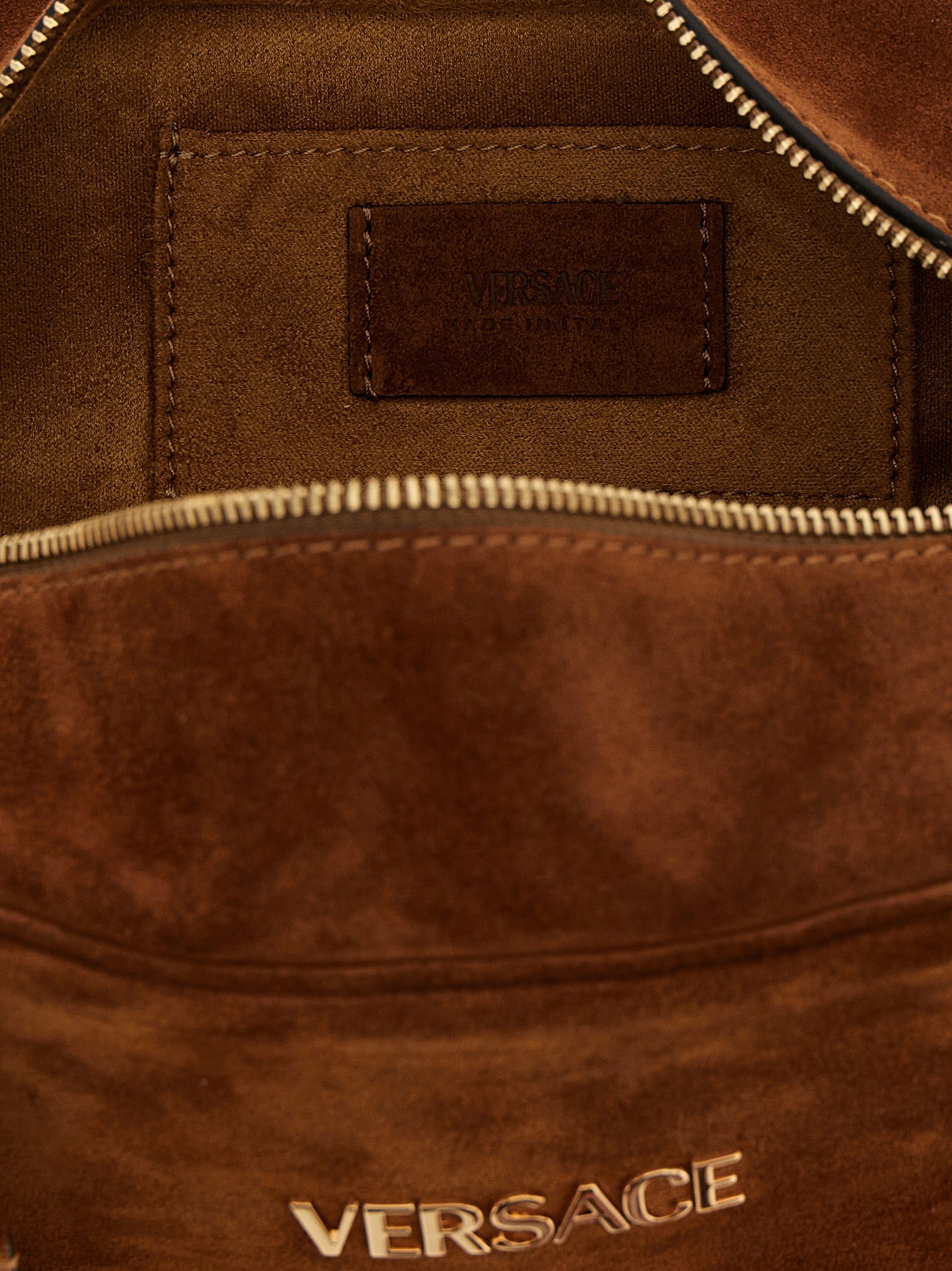 Versace Tag Suede Shoulder Bag Cognac