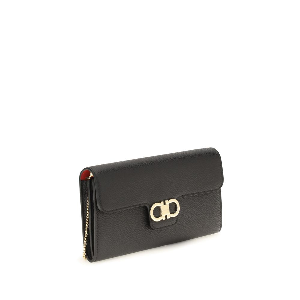 Ferragamo Gancini Black Leather Wallet on Chain