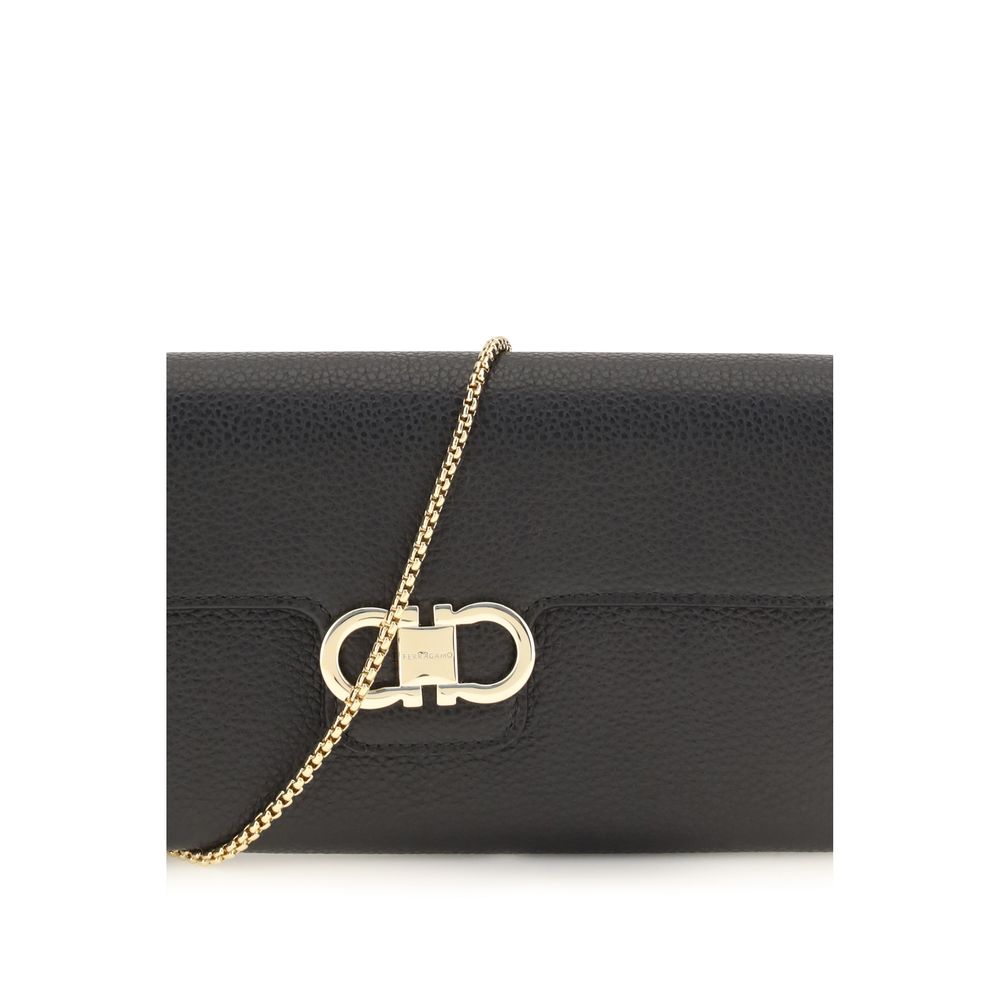 Ferragamo Gancini Black Leather Wallet on Chain