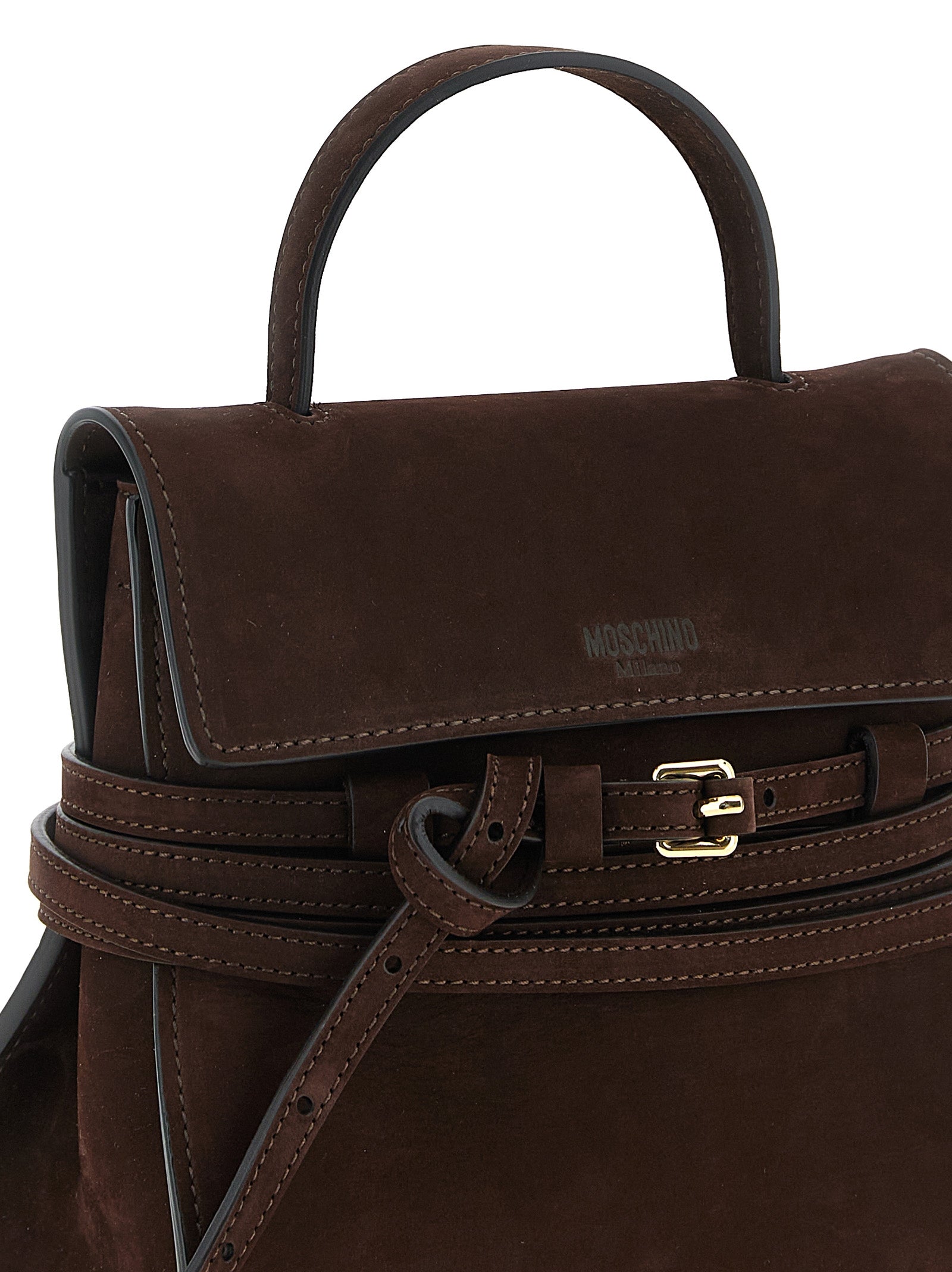 Moschino Tie Me Nubuck Leather Top Handle Bag Brown