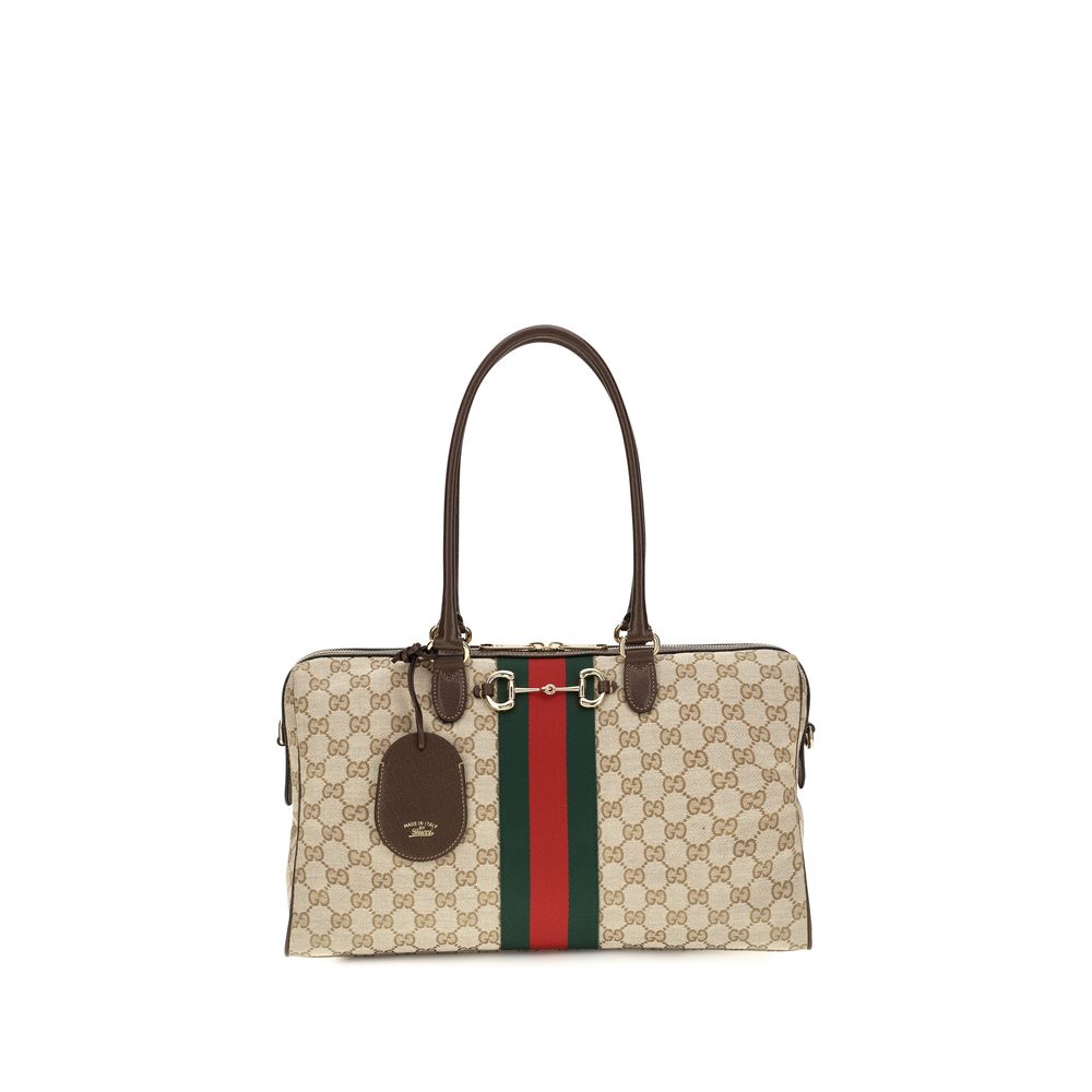Gucci Horsebit Web Large Top Handle Bag Beige Ebony