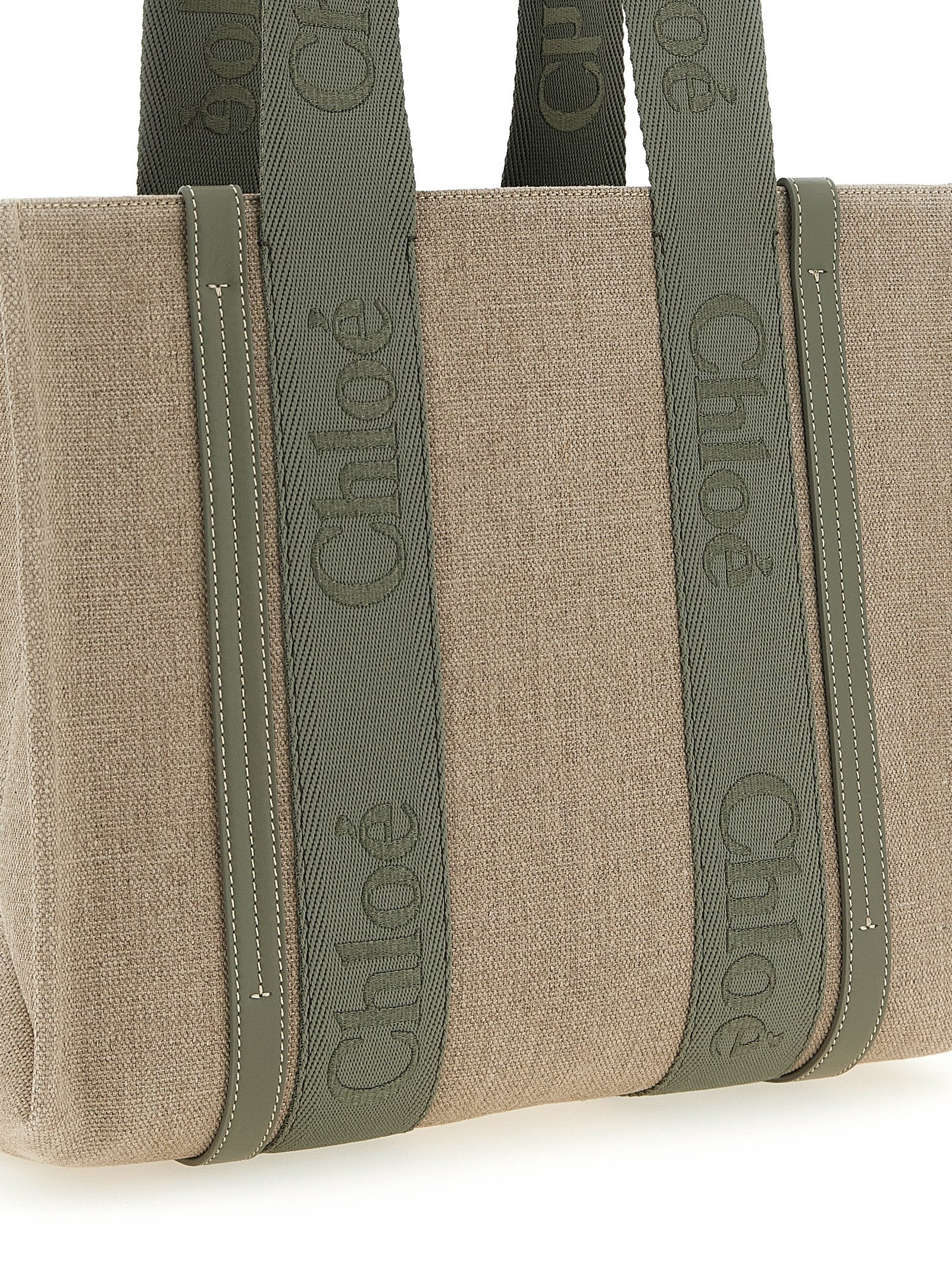 Chloé Medium Woody Green Linen Tote Bag