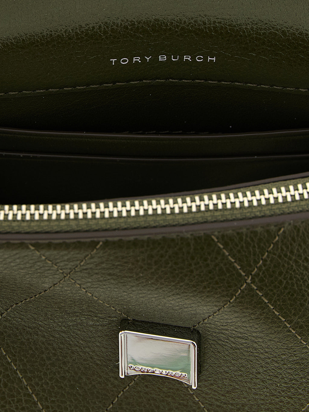 Tory Burch Mini Charlie Dark Olive Quilted Leather Crossbody Bag