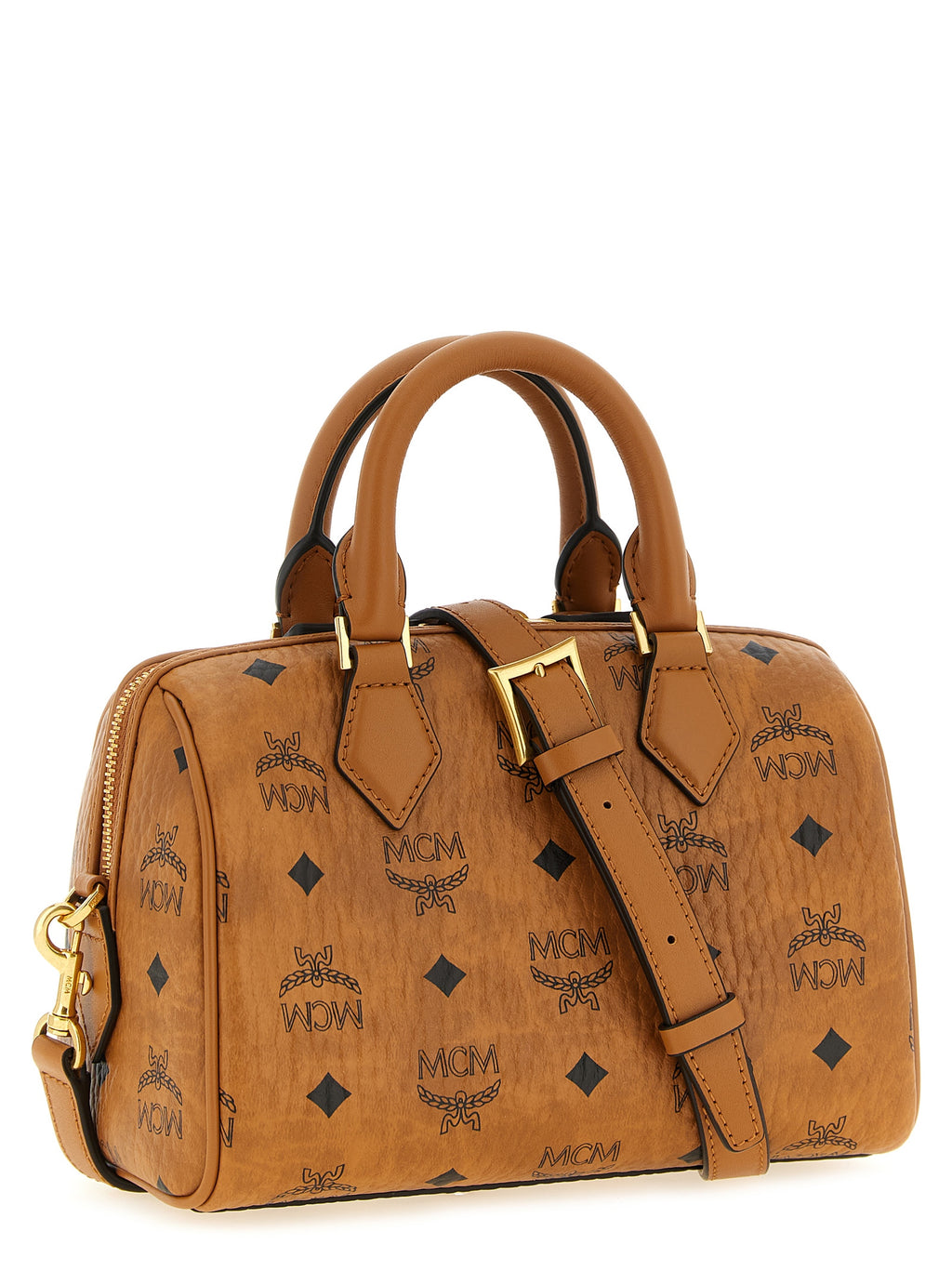 MCM Small Ella Boston Bag in Visetos Cognac