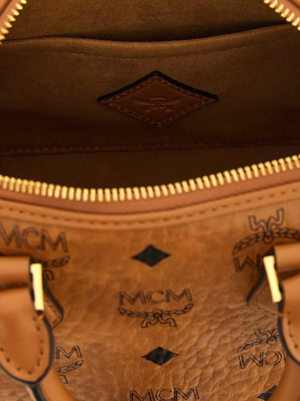 MCM Small Ella Boston Bag in Visetos Cognac